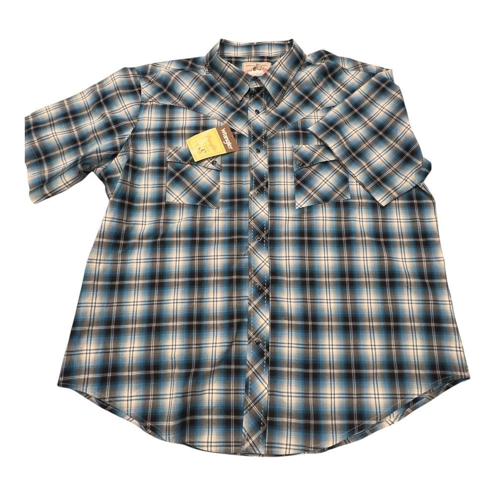 Wrangler Western Shirt Mens XXL Blue Black Plaid Pearl Snap Short Sleeve Cotton